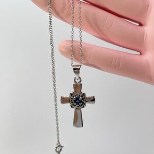 Thailand FAS 925 Sterling Silver Blue Rhinestone Cross Necklace Chain Religious